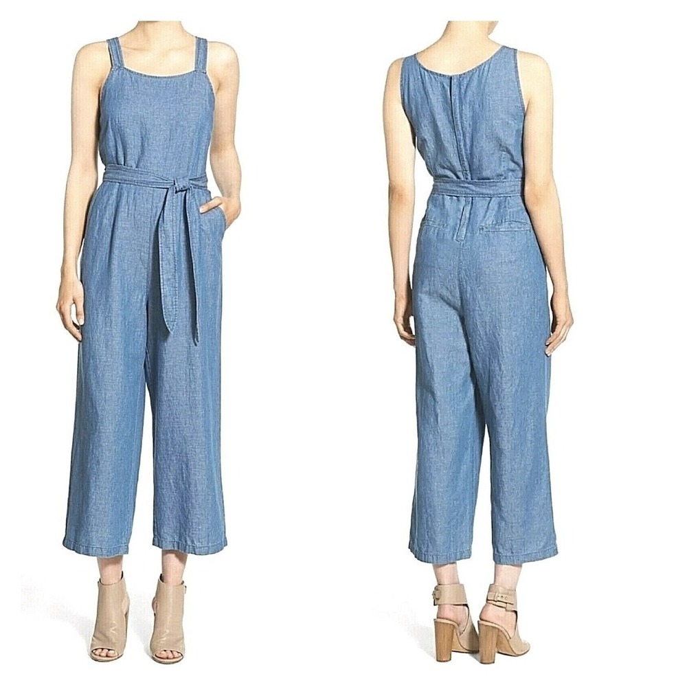 Madewell Chambray Linen Blend Wide Leg Cropped Jumpsuit Tie Waist Blue Size 4